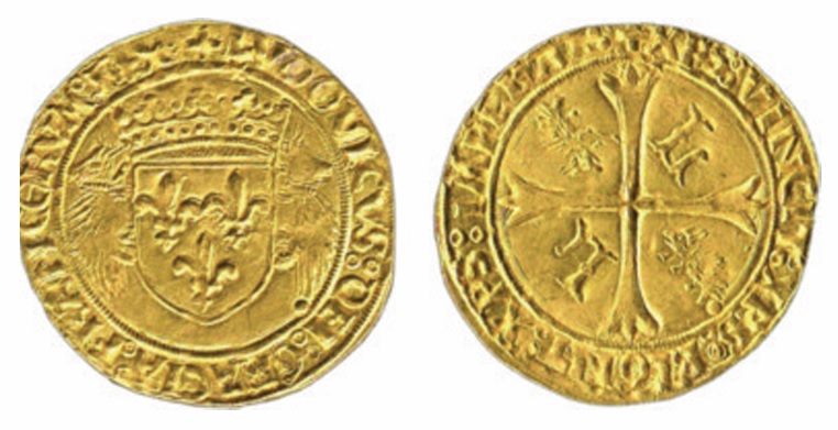 Ecu d’or aux porcs-epic. Avers: + LVDOVICVS: DEI: GRACIA: FRANCORVM: REX. Écu de France couronné, soutenu par deux porcs-épics. Revers: + XPS: VINCIT: XPS: REGNAT: XPS: IMPERAT. Croix achée, cantonnée aux 1 et 4 d’un porc-épic, aux 2 et 3 d'une L