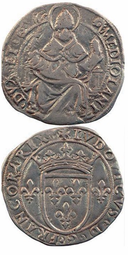 Gros royal d'argent de six sous ou demi testonfrappé à Milan. Les testons, demis et quarts de testons de Louis XII sont très rares et appréciés des collectionneurs.