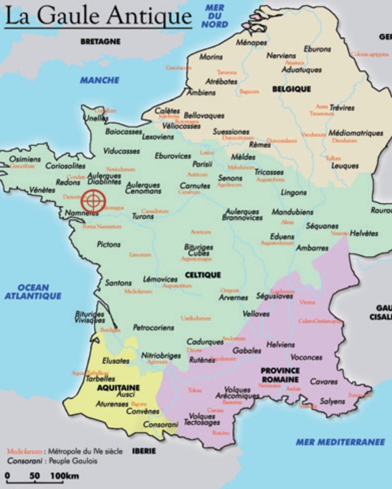 Voici le territoire des Namnètes, marqué par une croix rouge