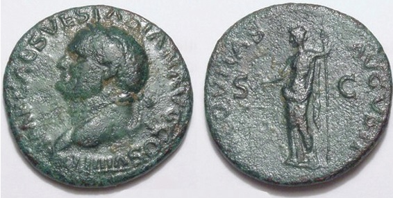 Ce très rare as de Vespasien n’est pas référencé dans la première version du RIC ; il est frappé pour l’atelier de Lyon en 77-78, RIC 1229, Giard Lyon 88, et n’est pas courant avec la tête à gauche ; avers : « IMP CAES VESPASIAN AVG COS VIII P P », tête laurée de Vespasien à gauche ; revers : « AEQVITAS AVGVSTI S C », Aequitas drapée debout à gauche tenant dans sa main droite une balance et dans la gauche un bâton (pertica).