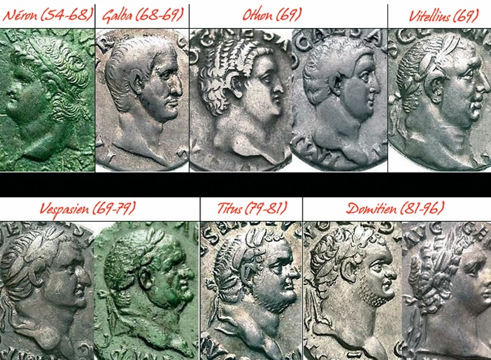La première ligne de portraits symbolise l’année des 4 empereurs avec Néron dernier empereur de la dynatsie des Julio Claudiens. La deuxième ligne montre les portraits des Flaviens.