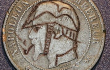 Cette monnaie de 10 centimes a été gravée à la main ; l’empereur y fume une pipe, coiffé d’un casque à pointe allemand ; la date de frappe est remplacée par 1870 (date de la défaite de Sedan) ; l’auteur n’aura pas eu le temps de terminer le revers, ayant commencé à décapiter l’aigle, sûrement pour le transformer en chouette, et à remplacer « empire » par « vampire ».