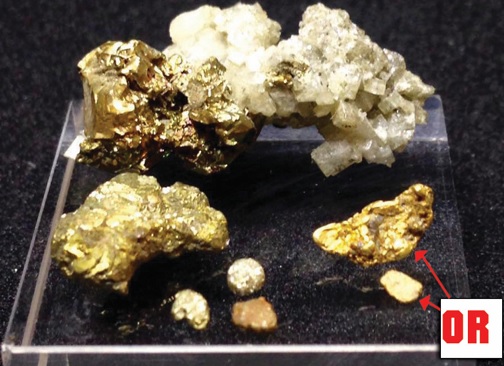 Tous ces minéraux appartenant à la collection de Lobfay sont de la pyrite hormis les 2 pépites en bas à droite qui sont de l’or.